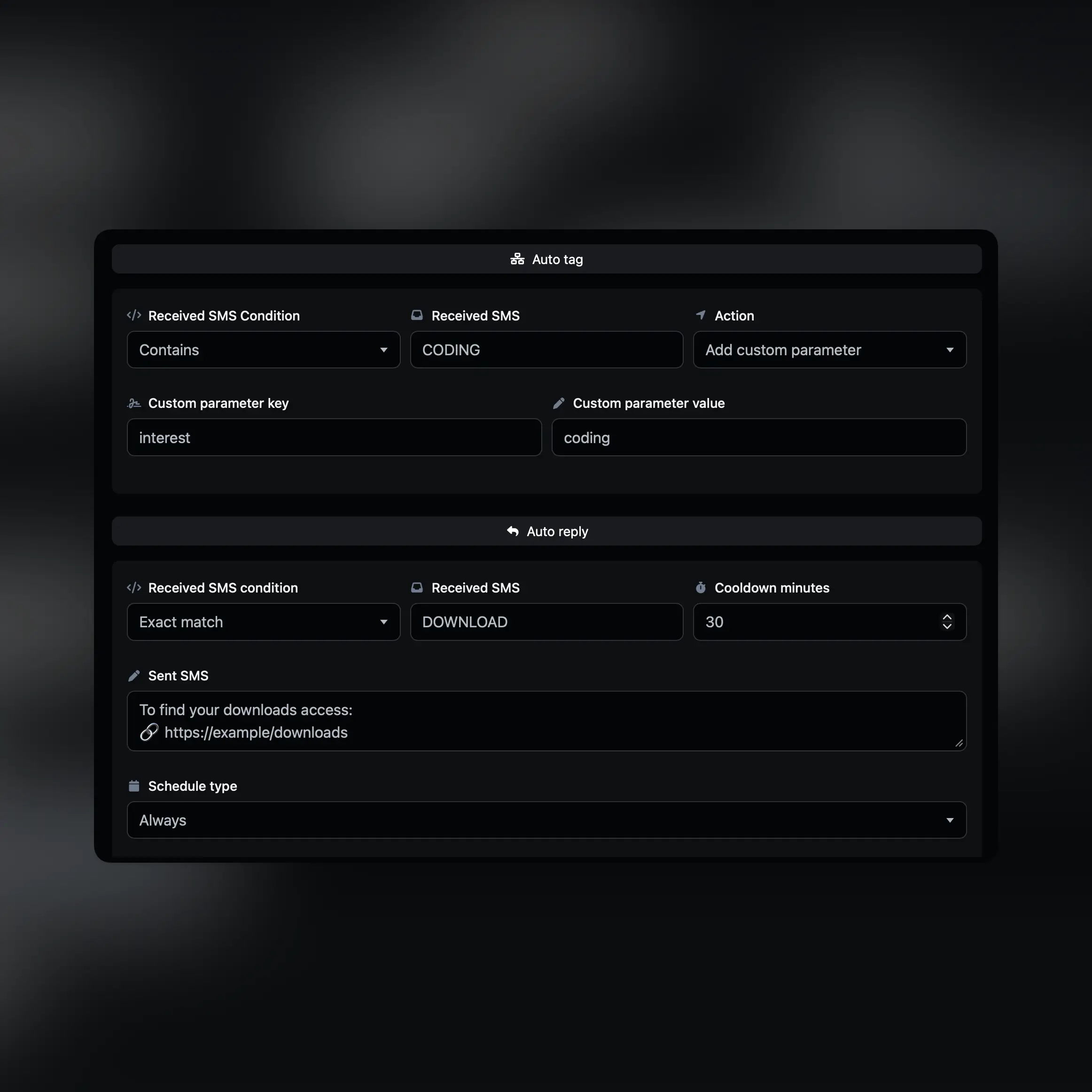 Screenshot of the app showing the available form features for auto reply & tag of contacts
